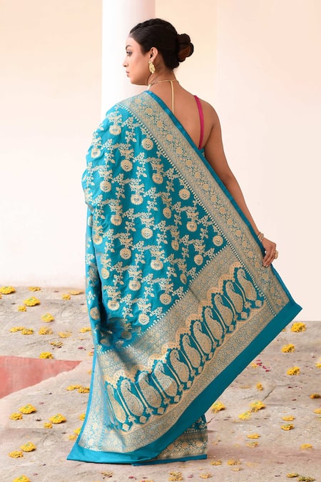 Naaritva India Aqua Blue Handwoven Banarasi Saree With Running Blouse 