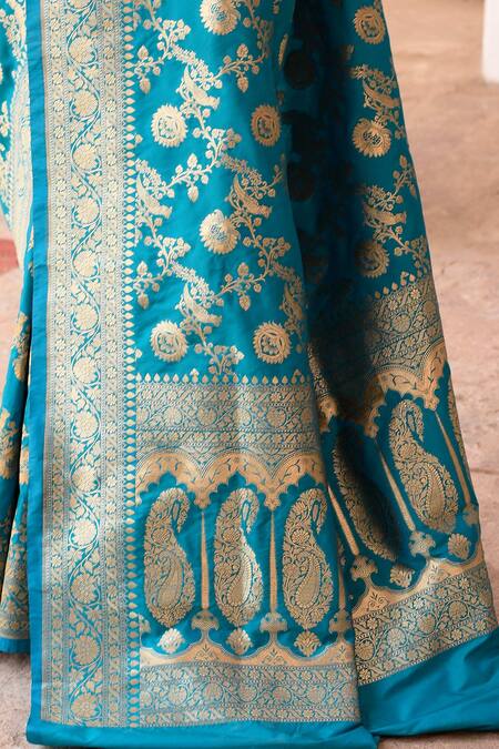 Buy_Naaritva India_Aqua Silk Zari Blue Handwoven Banarasi Saree With Running Blouse 