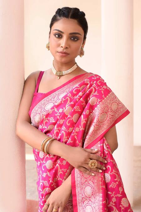 Buy_Naaritva India_Pink Silk Zari Handwoven Work Hot Banarasi Saree With Running Blouse _Online_at_Aza_Fashions