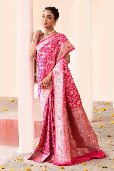 Shop_Naaritva India_Pink Silk Zari Handwoven Work Hot Banarasi Saree With Running Blouse _Online_at_Aza_Fashions
