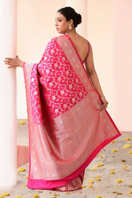 Naaritva India Handwoven Zari Work Hot Pink Banarasi Saree With Running Blouse 