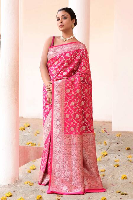 Naaritva India_Pink Silk Zari Handwoven Work Hot Banarasi Saree With Running Blouse _at_Aza_Fashions