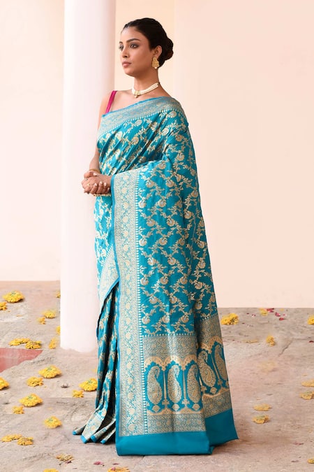 Buy_Naaritva India_Aqua Silk Zari Blue Handwoven Banarasi Saree With Running Blouse _Online_at_Aza_Fashions