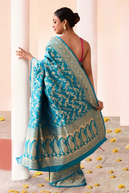 Naaritva India Aqua Blue Handwoven Zari Banarasi Saree With Running Blouse 