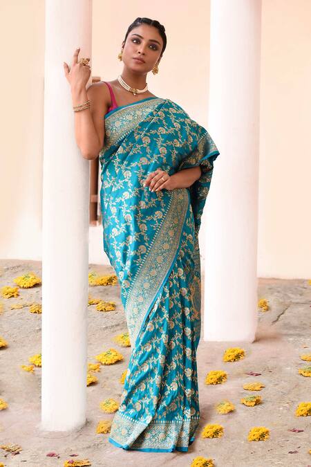 Naaritva India Aqua Silk Zari Blue Handwoven Banarasi Saree With Running Blouse at Aza Fashions Naaritva India_Aqua Silk Zari Blue Handwoven Banarasi Saree With Running Blouse _at_Aza_Fashions