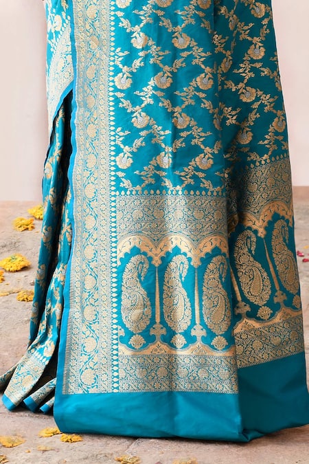 Buy Naaritva India Aqua Silk Zari Blue Handwoven Banarasi Saree With Running Blouse Buy_Naaritva India_Aqua Silk Zari Blue Handwoven Banarasi Saree With Running Blouse