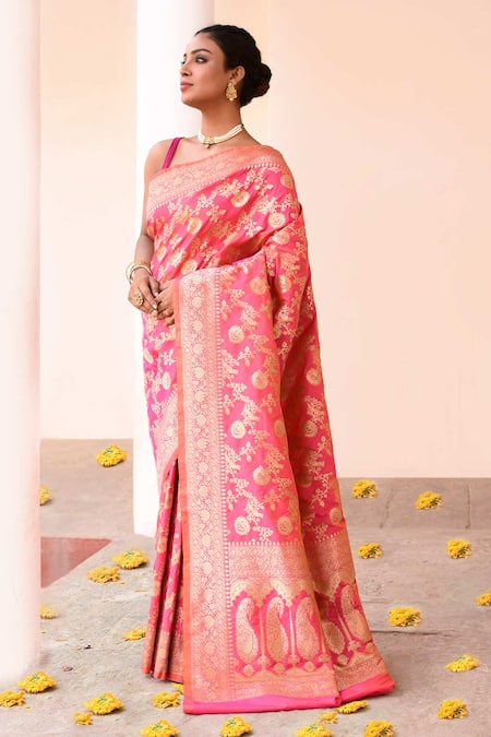 Buy_Naaritva India_Pink Silk Zari Peach Banarasi Saree With Running Blouse _Online_at_Aza_Fashions