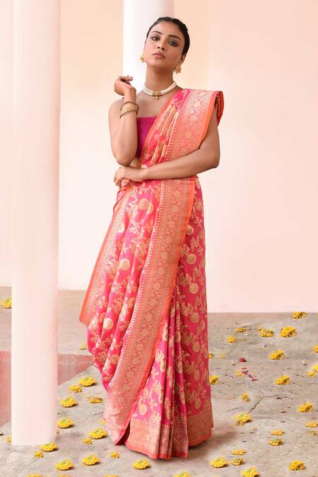 Shop_Naaritva India_Pink Silk Zari Peach Banarasi Saree With Running Blouse _Online_at_Aza_Fashions