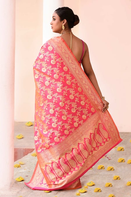 Naaritva India Pink Peach Banarasi Saree With Running Blouse 