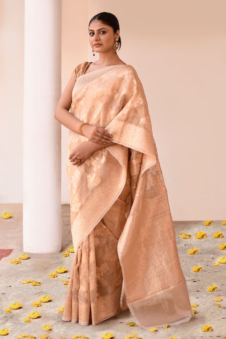 Shop_Naaritva India_Gold Tissue Zari Handwoven Banarasi Saree With Running Blouse _Online_at_Aza_Fashions