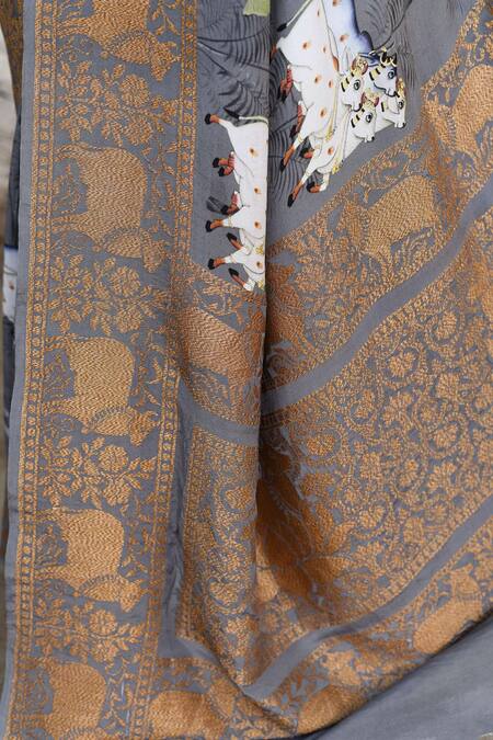 Naaritva India_Silver Crepe, Silk Zari Handwoven Work Grey Banarasi Saree With Running Blouse _Online_at_Aza_Fashions