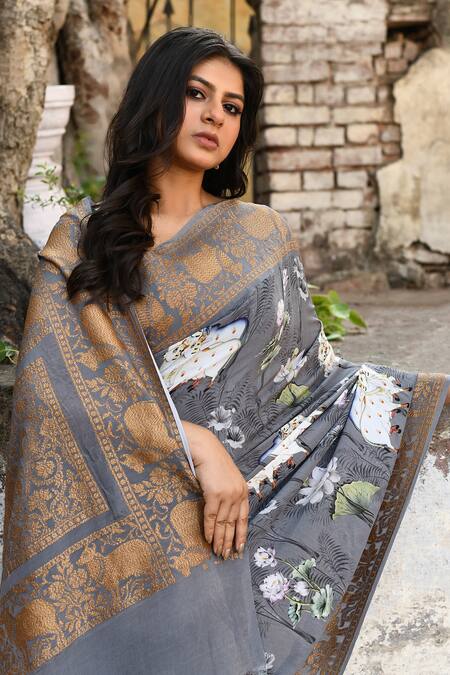 Shop_Naaritva India_Silver Crepe, Silk Zari Handwoven Work Grey Banarasi Saree With Running Blouse _Online_at_Aza_Fashions