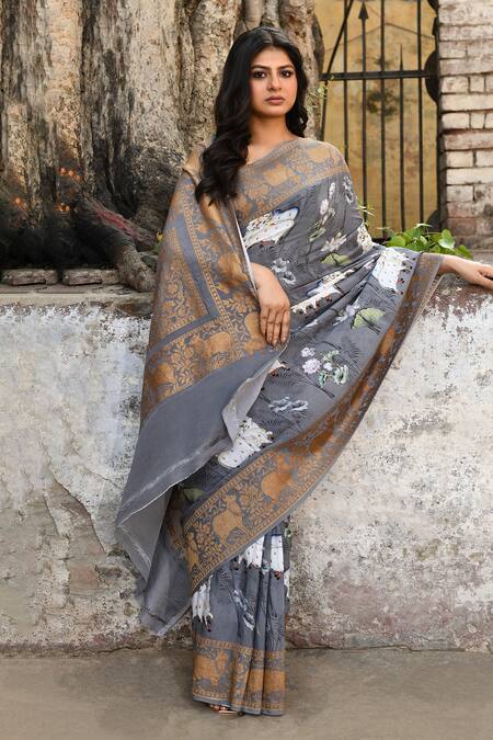 Naaritva India_Silver Crepe, Silk Zari Handwoven Work Grey Banarasi Saree With Running Blouse _at_Aza_Fashions