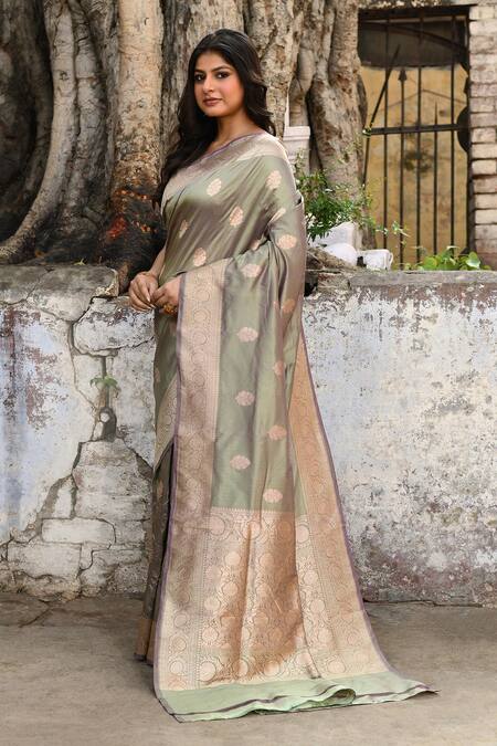 Naaritva India_Green Zari Handwoven Work Pea Banarasi Saree With Running Blouse _Online_at_Aza_Fashions