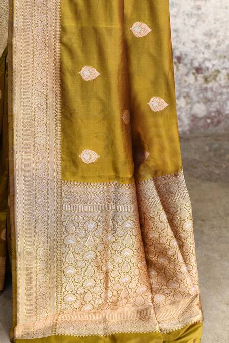Buy_Naaritva India_Olive Green Zari Handwoven Work Banarasi Saree With Running Blouse _Online_at_Aza_Fashions