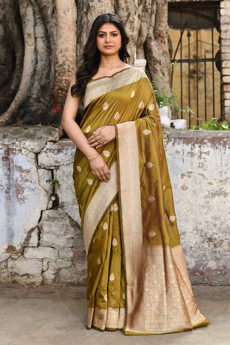 Naaritva India Olive Green Zari Handwoven Work Banarasi Saree With Running Blouse 