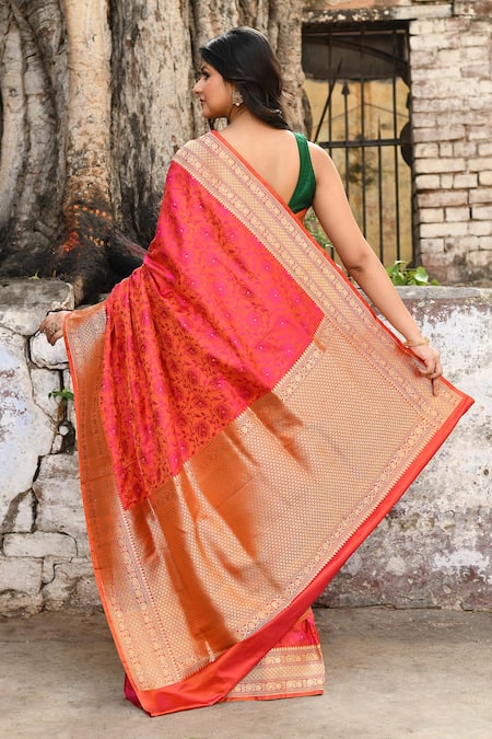 Shop_Naaritva India_Red Zari Handwoven Banarasi Saree With Running Blouse _at_Aza_Fashions