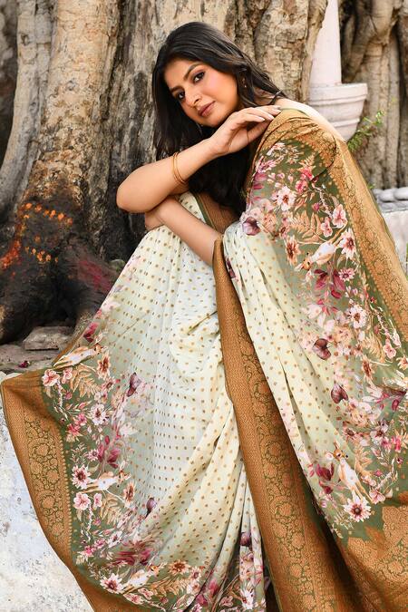 Shop_Naaritva India_Olive Green Crepe, Silk Zari Handwoven Banarasi Saree With Running Blouse _Online_at_Aza_Fashions