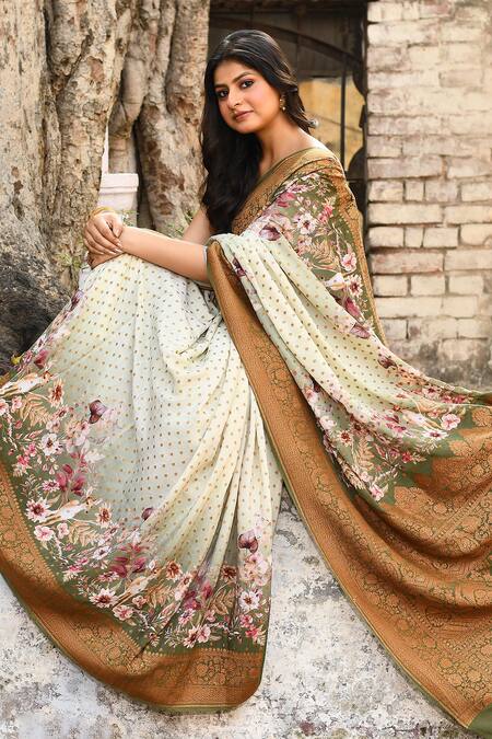 Naaritva India_Olive Green Crepe, Silk Zari Handwoven Banarasi Saree With Running Blouse _at_Aza_Fashions