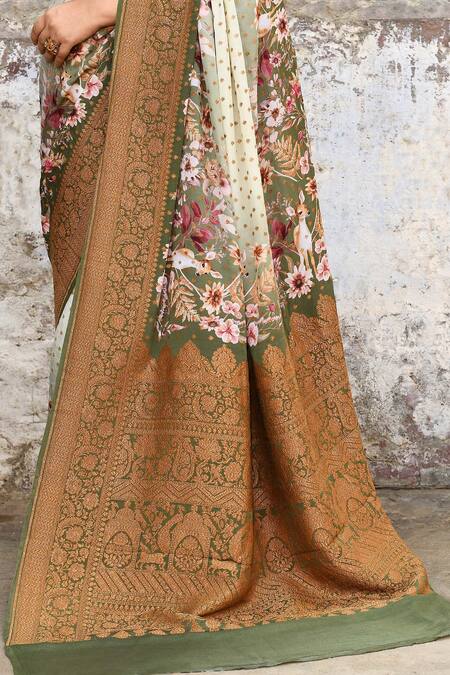 Buy_Naaritva India_Olive Green Crepe, Silk Zari Handwoven Banarasi Saree With Running Blouse 
