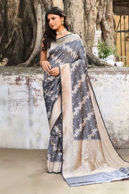 Naaritva India Silver Zari Handwoven Work Grey Banarasi Saree With Running Blouse 