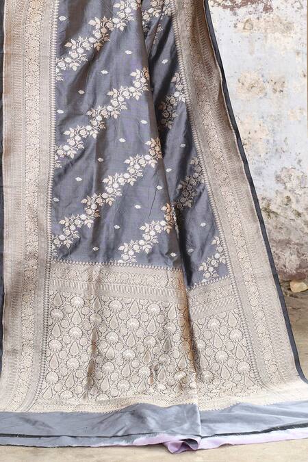 Shop_Naaritva India_Silver Zari Handwoven Work Grey Banarasi Saree With Running Blouse _Online_at_Aza_Fashions
