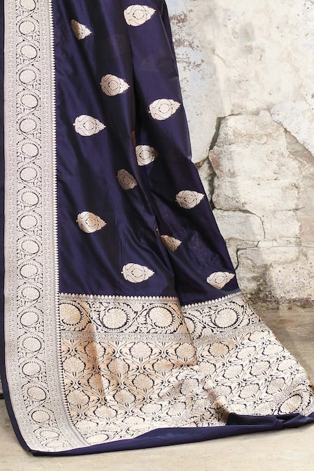 Buy_Naaritva India_Navy Zari Handwoven Work Blue Banarasi Saree With Running Blouse _Online_at_Aza_Fashions