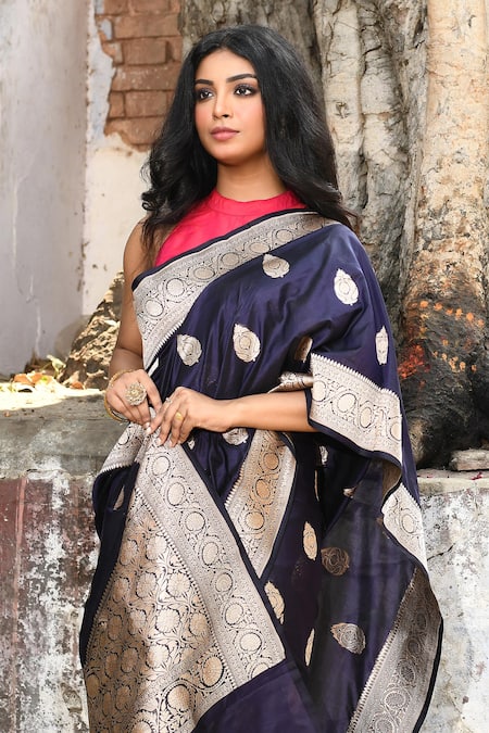 Shop_Naaritva India_Navy Zari Handwoven Work Blue Banarasi Saree With Running Blouse _Online_at_Aza_Fashions