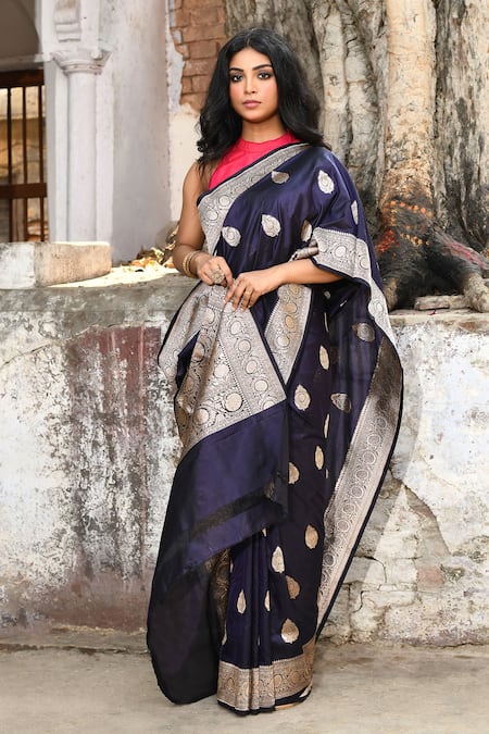 Naaritva India_Navy Zari Handwoven Work Blue Banarasi Saree With Running Blouse _at_Aza_Fashions