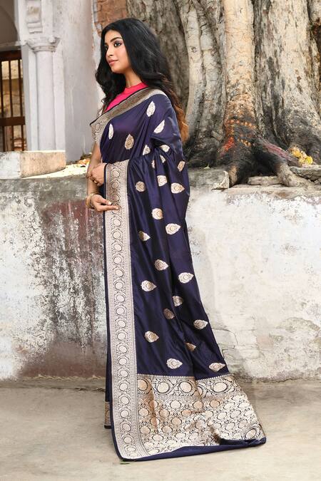Buy_Naaritva India_Navy Zari Handwoven Work Blue Banarasi Saree With Running Blouse 