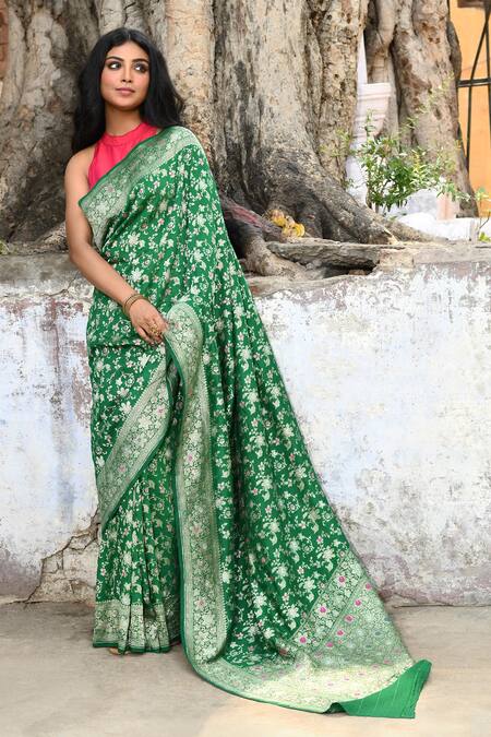 Shop_Naaritva India_Green Crepe, Silk Zari Handwoven Banarasi Saree With Running Blouse _Online_at_Aza_Fashions