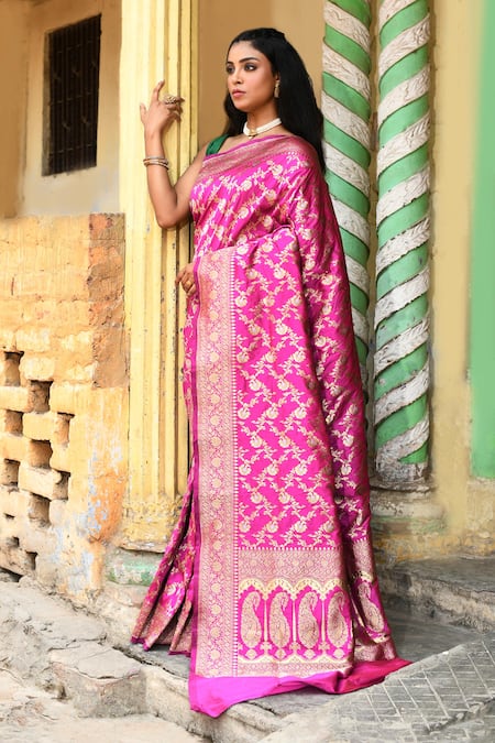 Naaritva India_Pink Silk Zari Handwoven Banarasi Saree With Running Blouse _Online_at_Aza_Fashions