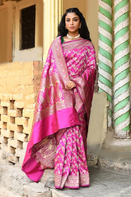 Buy_Naaritva India_Pink Silk Zari Handwoven Banarasi Saree With Running Blouse _Online_at_Aza_Fashions