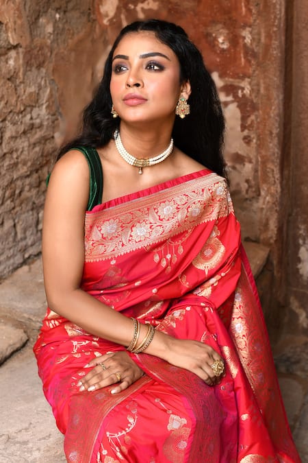 Buy_Naaritva India_Red Silk Zari Handwoven Banarasi Saree With Running Blouse 