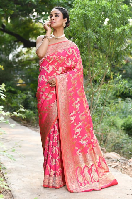 Shop_Naaritva India_Pink Silk Zari Handwoven Banarasi Saree With Running Blouse _Online_at_Aza_Fashions