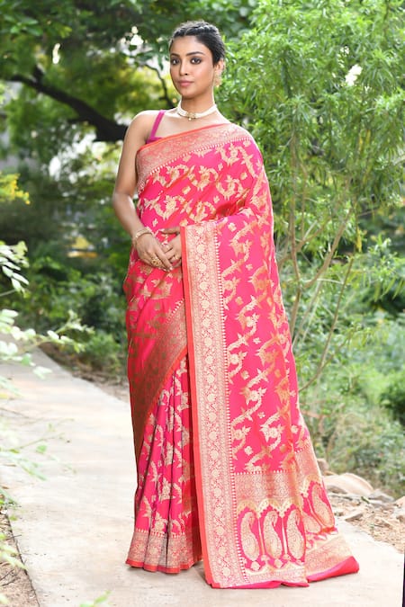 Naaritva India Pink Silk Zari Handwoven Banarasi Saree With Running Blouse 