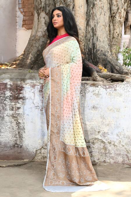 Buy_Naaritva India_Multi Color Crepe, Silk Zari Handwoven Banarasi Saree With Running Blouse _Online_at_Aza_Fashions