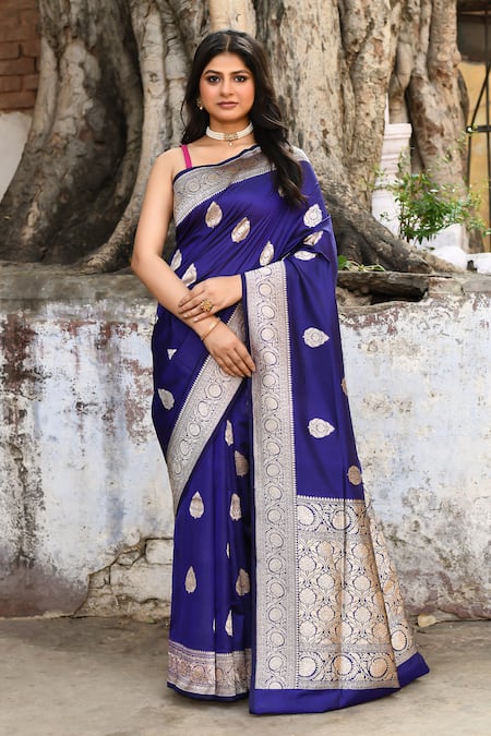 Naaritva India Navy Zari Handwoven Work Blue Banarasi Saree With Running Blouse 
