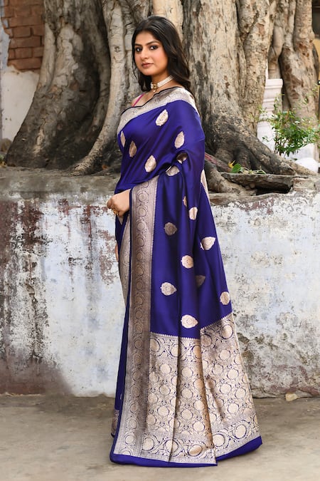 Shop_Naaritva India_Navy Zari Handwoven Work Blue Banarasi Saree With Running Blouse _Online_at_Aza_Fashions