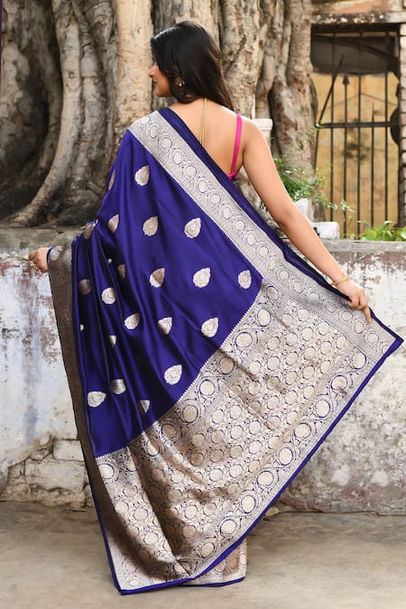 Shop_Naaritva India_Navy Zari Handwoven Work Blue Banarasi Saree With Running Blouse _at_Aza_Fashions