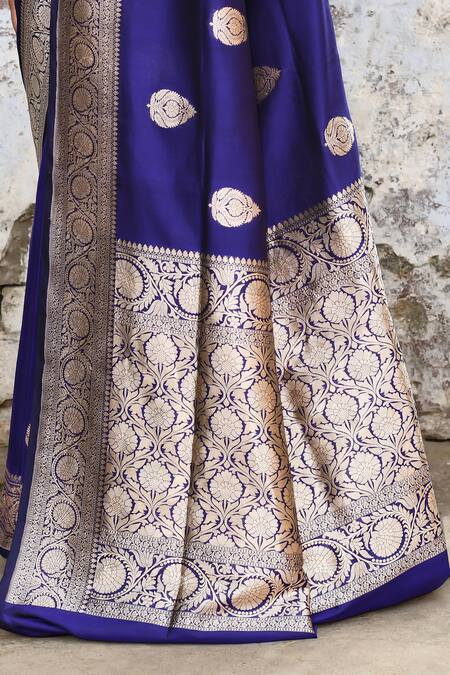 Naaritva India_Navy Zari Handwoven Work Blue Banarasi Saree With Running Blouse _at_Aza_Fashions
