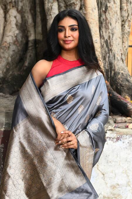 Shop_Naaritva India_Silver Zari Handwoven Work Banarasi Saree With Running Blouse _Online_at_Aza_Fashions