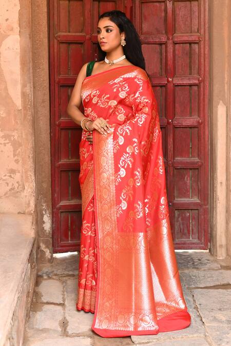 Buy_Naaritva India_Red Silk Zari Handwoven Banarasi Saree With Running Blouse _Online_at_Aza_Fashions