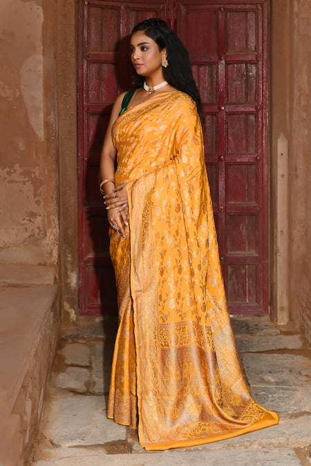 Buy_Naaritva India_Gold Crepe, Silk, Handwoven Work Yellow Banarasi Saree With Running Blouse _Online_at_Aza_Fashions