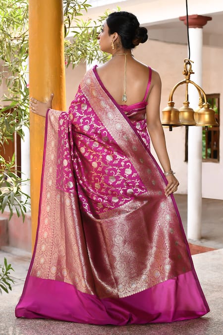 Naaritva India Handwoven Zari Work Hot Pink Banarasi Saree With Running Blouse 