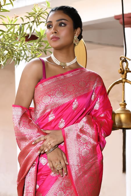 Naaritva India_Pink Silk Zari Handwoven Banarasi Saree With Running Blouse _at_Aza_Fashions