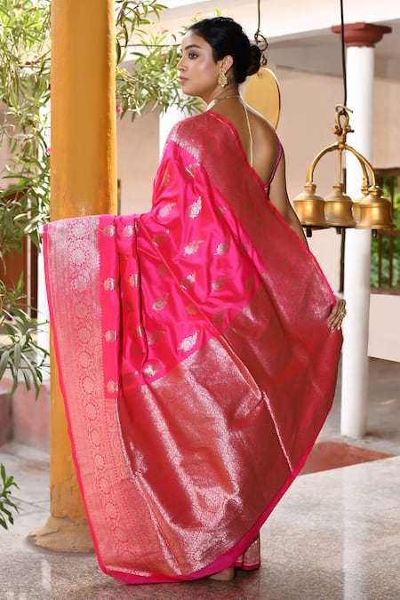 Naaritva India Handwoven Zari Pink Banarasi Saree With Running Blouse 