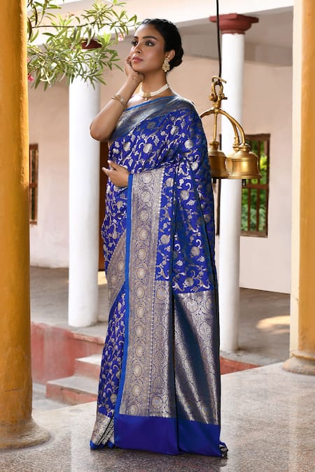 Buy_Naaritva India_Blue Silk Zari Handwoven Banarasi Saree With Running Blouse _Online_at_Aza_Fashions