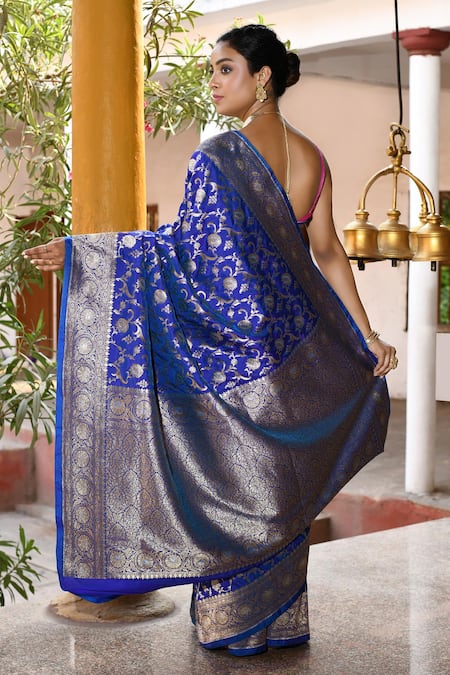 Naaritva India Handwoven Zari Blue Banarasi Saree With Running Blouse 