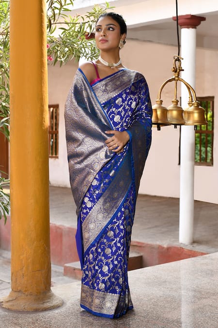 Shop_Naaritva India_Blue Silk Zari Handwoven Banarasi Saree With Running Blouse _Online_at_Aza_Fashions